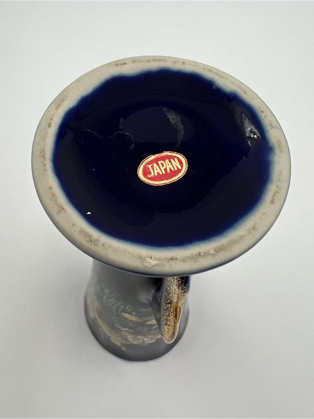 Vintage Cobalt Blue Peacock & Floral Gold Accents Bud Vase Japan 4.75” Tall